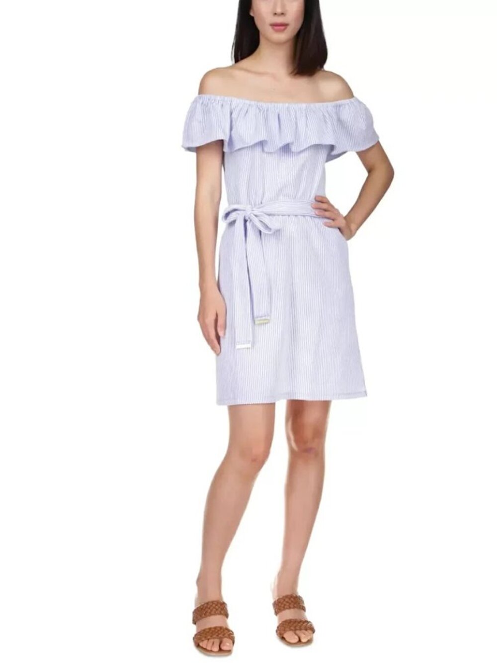 MICHAEL Michael Kors Blue & White Striped Off-the-Shoulder Ruffle Seersucker Min